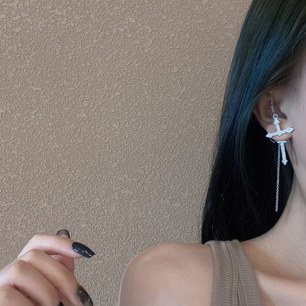 💙Rhinestones Cross Earrings Single Ear Climber - Picture 6 of 11